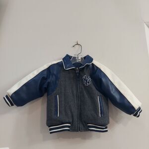 NY Yankees Blue, White and Gray Varsity Faux Leather Bomber Varsity Jacket Sz 3T